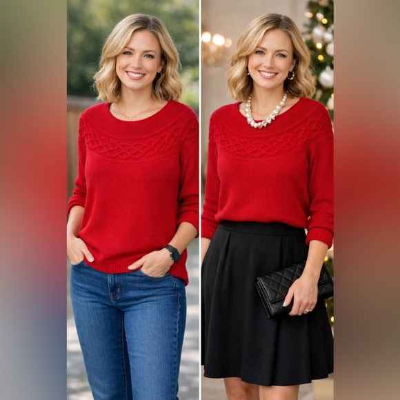 Talbots Sweaters - Talbots Red Cable Knit Yoke Sweater Women’s Large‎ Classic Crewneck